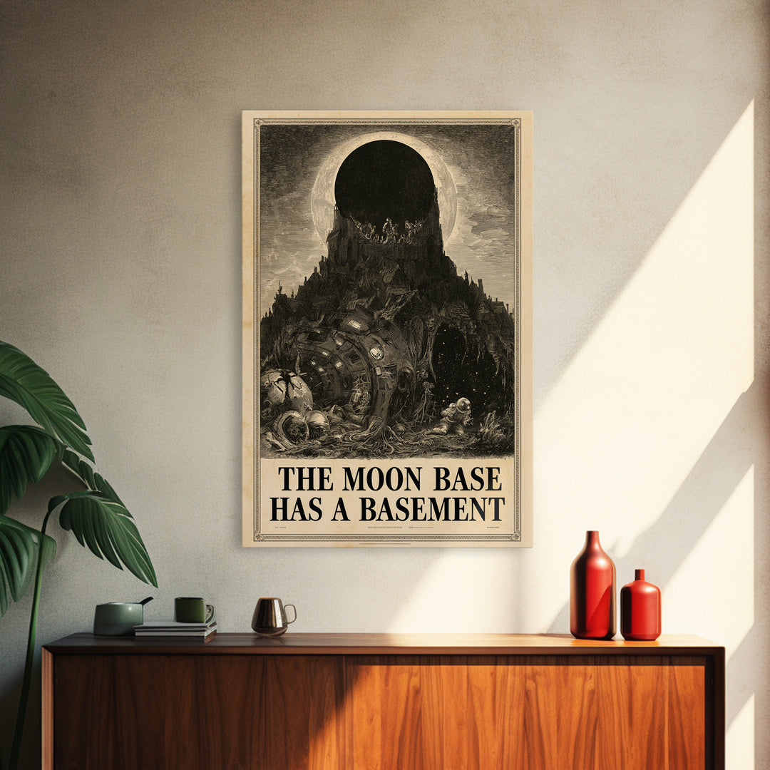 The Moon Base Has A Basement, English Language Horror Movie Poster, Gothic Engraving Art, Cult Horror Poster, Canvas Print