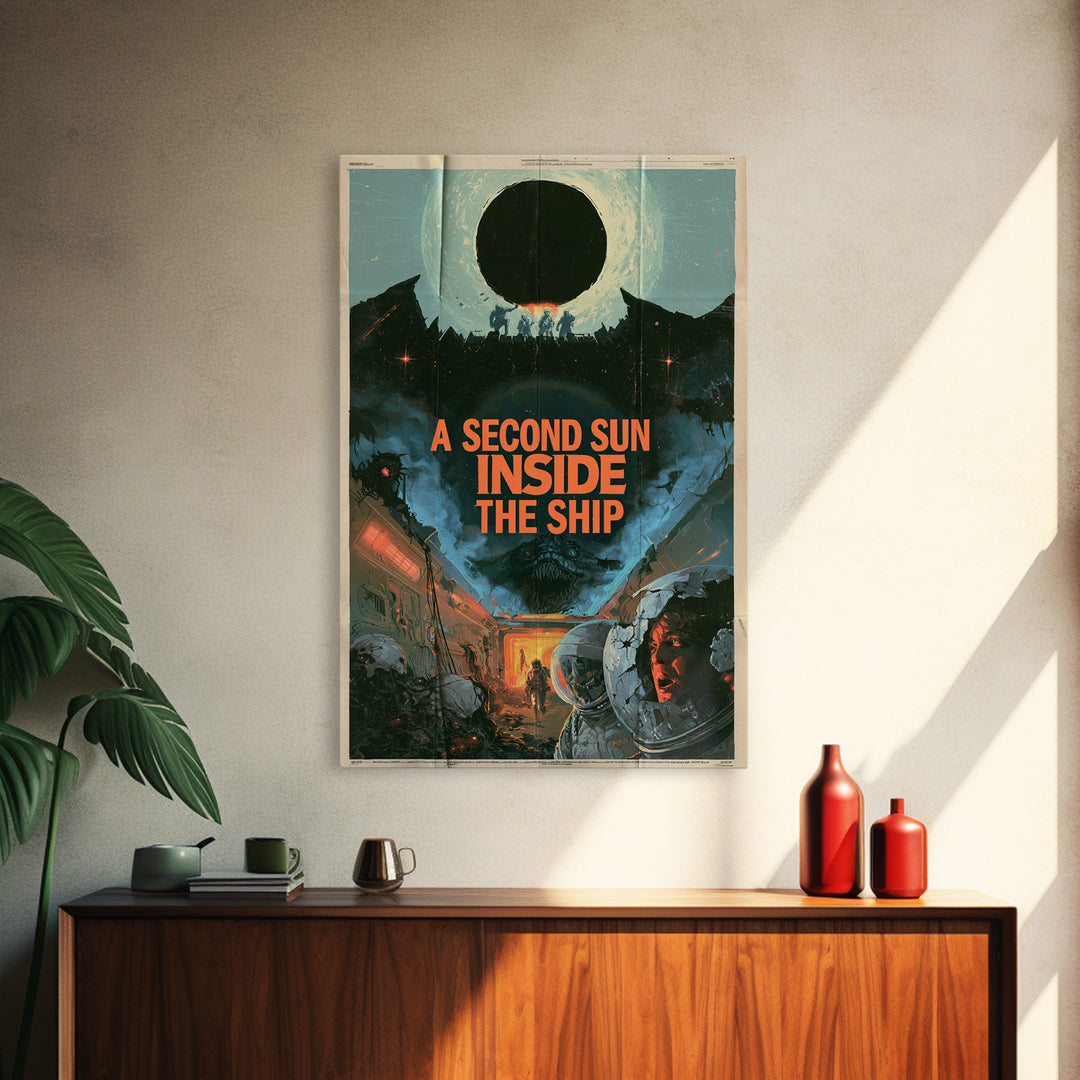 A Second Sun Inside The Ship, English Language Horror Movie Poster, 1980s Vhs Nightmare Cover Inspired Art, Gothic Cinema Wall Art