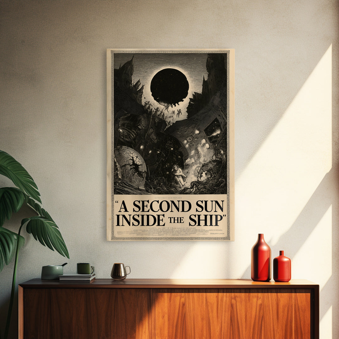A Second Sun Inside The Ship, English Language Horror Movie Poster, Gothic Engraving Art, Classic Monster Poster, Framed Canvas Print