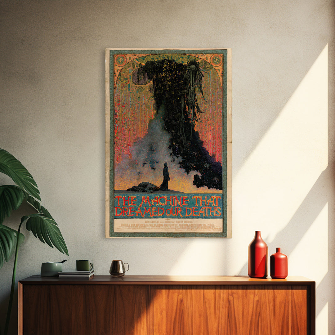 The Machine That Dreamed Our Deaths, English Language Horror Movie Poster, Stained Glass Gothic Art, Retro Horror Movie Art, Canvas Print