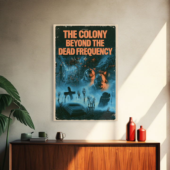 The Colony Beyond The Dead Frequency, English Language Horror Movie Poster, 1980s Vhs Nightmare Cover Inspired Art, Retro Horror Movie Art