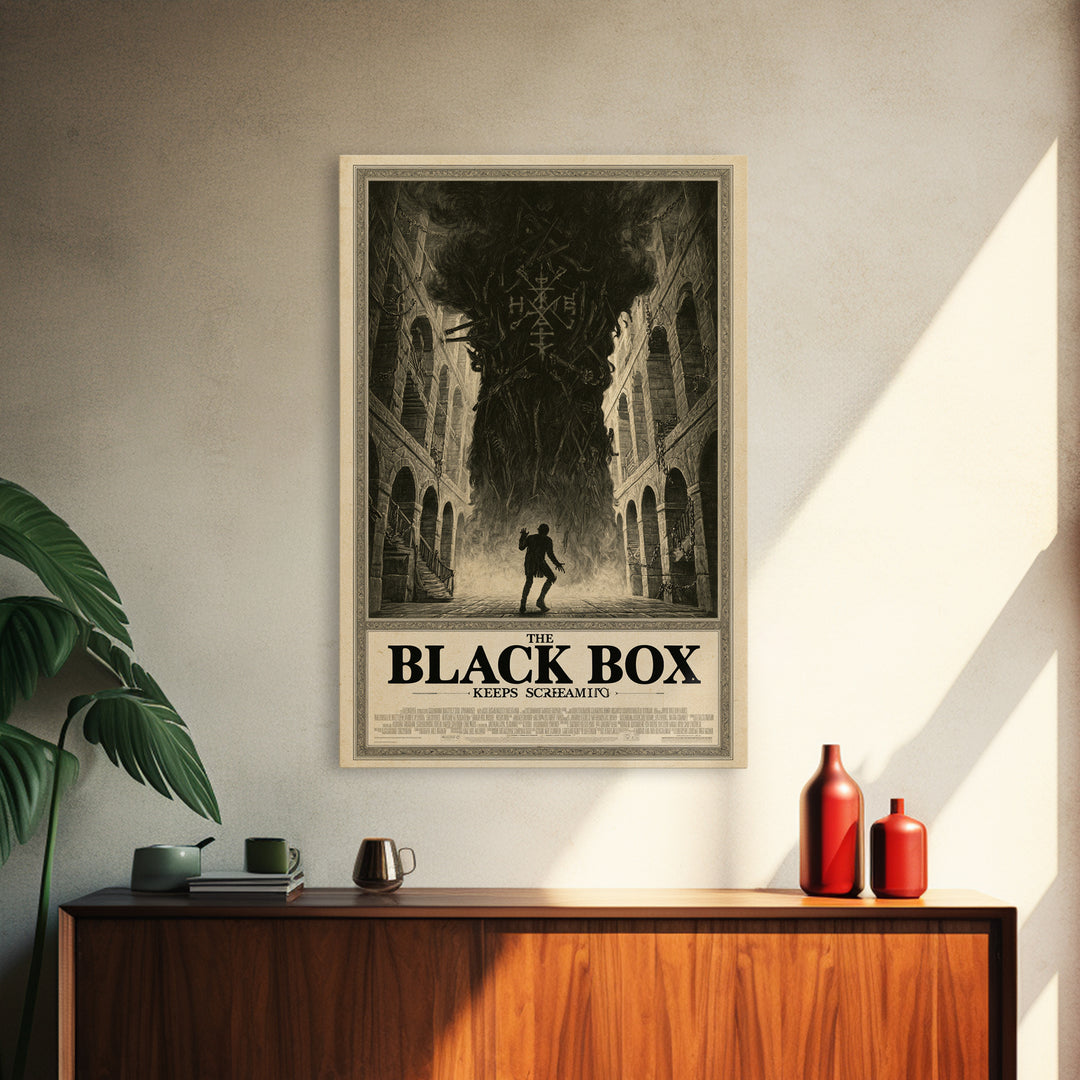 The Black Box Keeps Screaming, English Language Horror Movie Poster, Architectural Etching Art, Gothic Cinema Wall Art