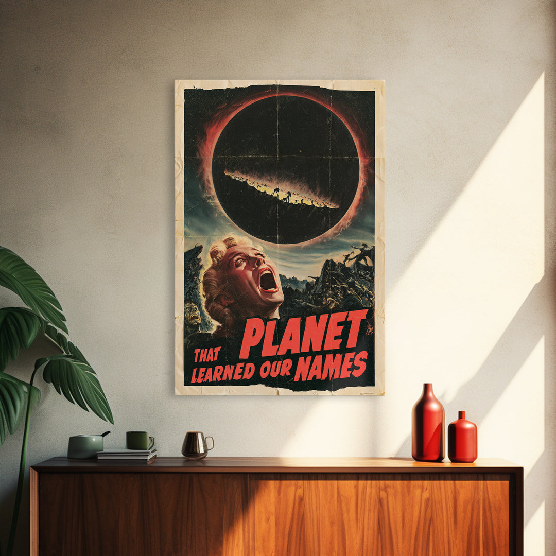 The Planet That Learned Our Names, English Language Horror Movie Poster, 1950s Creature-Feature One-Sheet Inspired Art, Canvas Print