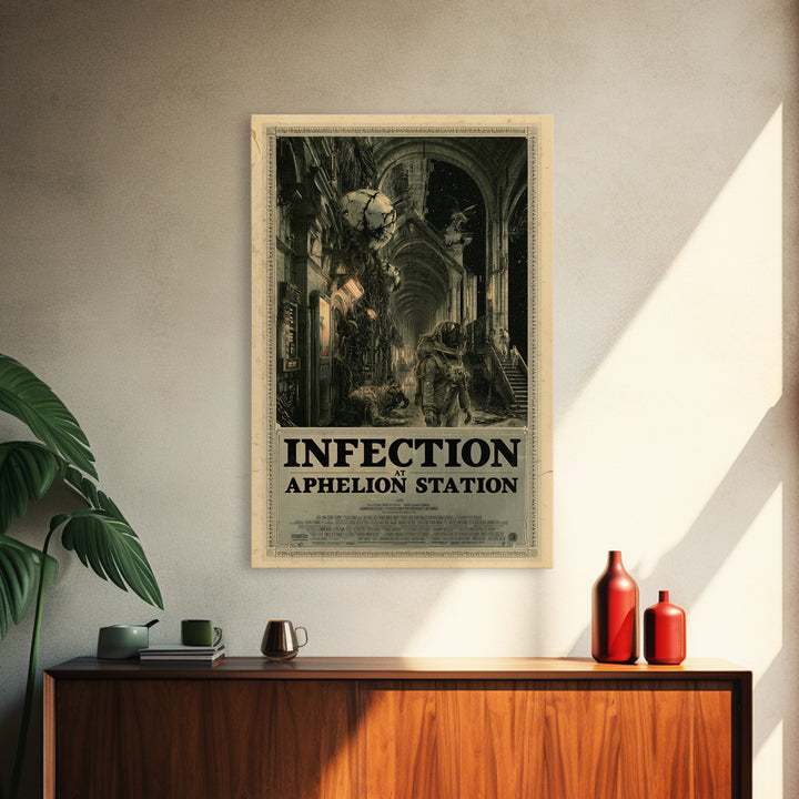 Infection At Aphelion Station, English Language Horror Movie Poster, Architectural Etching Art, Retro Horror Movie Art