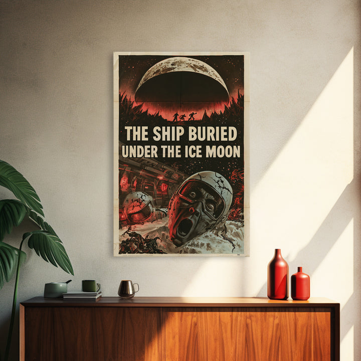 The Ship Buried Under The Ice Moon, English Language Horror Movie Poster, 1950s Creature-Feature One-Sheet Inspired Art, Framed Canvas Print