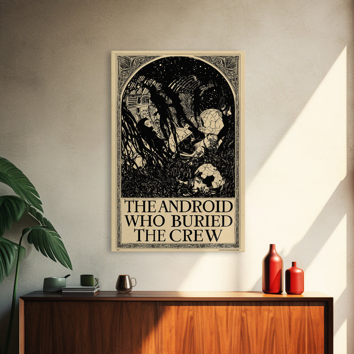The Android Who Buried The Crew, English Language Horror Movie Poster, Decadent Line Art, Classic Monster Poster, Canvas Print