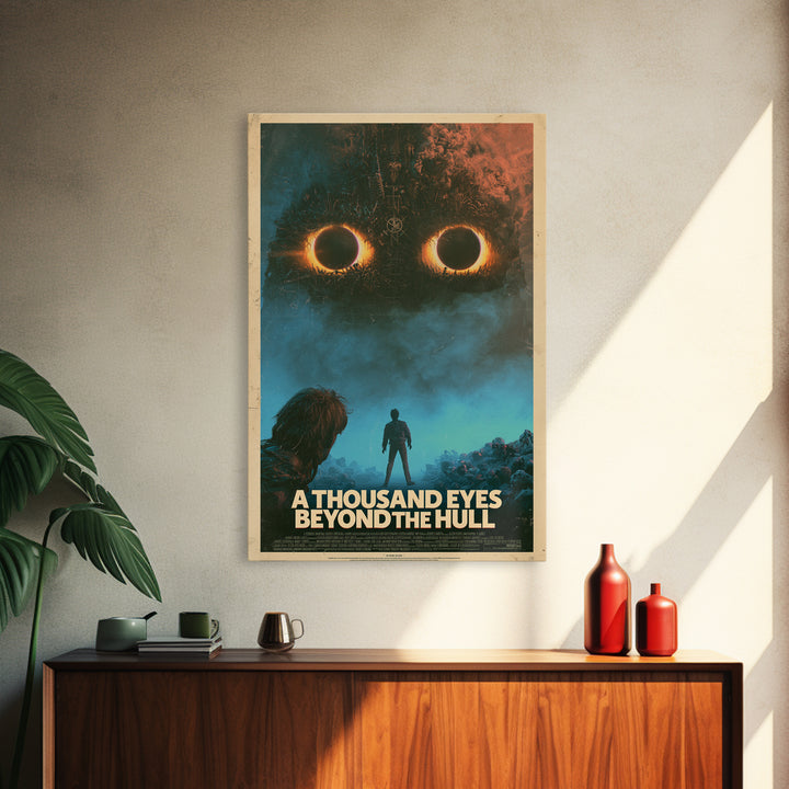 A Thousand Eyes Beyond The Hull, English Language Horror Movie Poster, 1980s Vhs Nightmare Cover Inspired Art, Retro Horror Movie Art