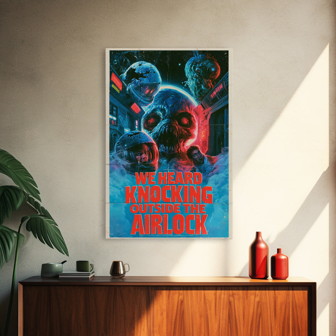 We Heard Knocking Outside The Airlock, English Language Horror Movie Poster, 1980s Vhs Nightmare Cover Inspired Art, Gothic Cinema Wall Art
