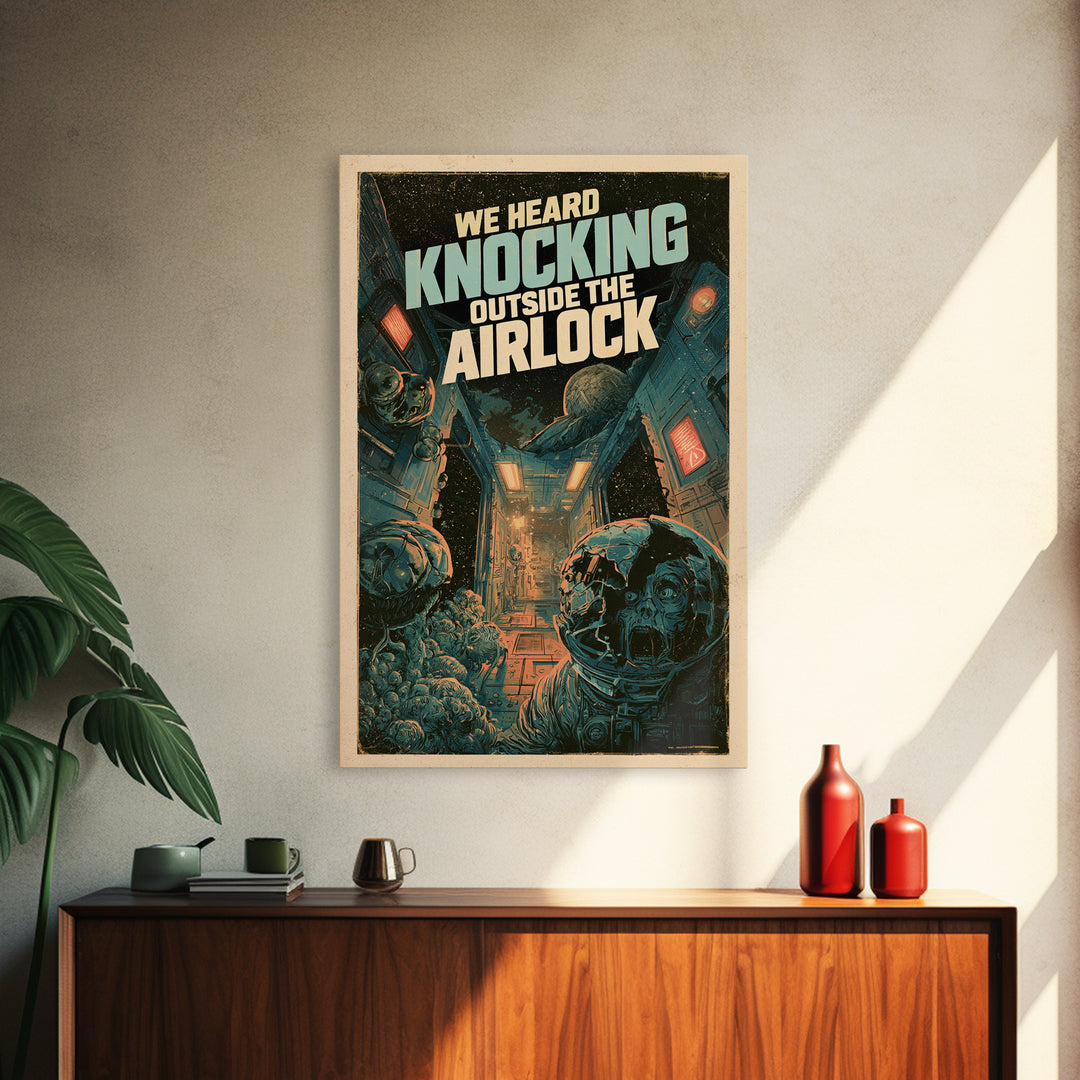 We Heard Knocking Outside The Airlock, English Language Horror Movie Poster, Decadent Line Art, Classic Monster Poster