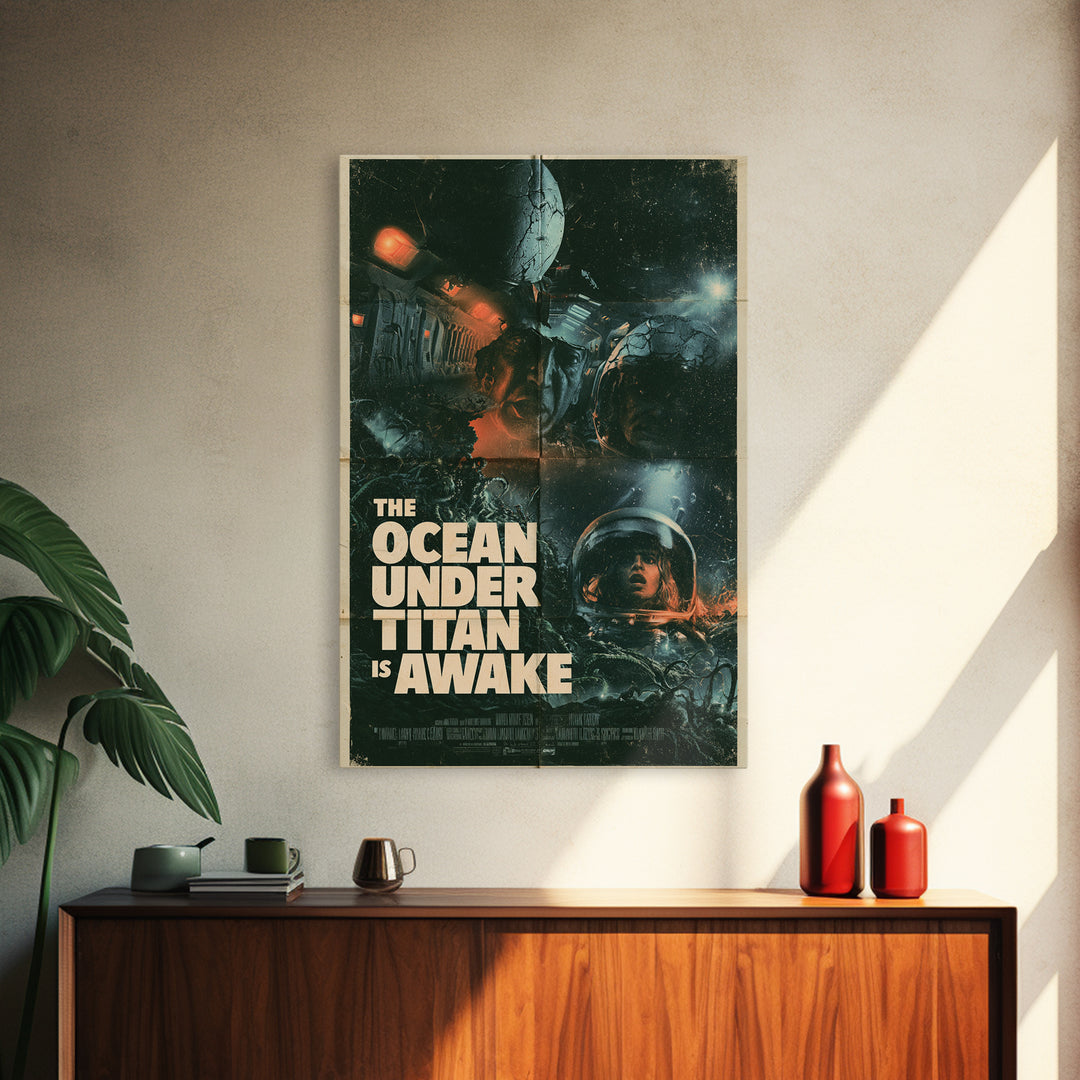 The Ocean Under Titan Is Awake, English Language Horror Movie Poster, 1970s Horror Art, Classic Monster Poster, Framed Canvas Print