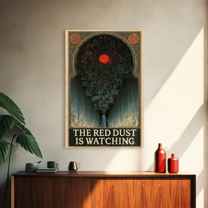 The Red Dust Is Watching, English Language Horror Movie Poster, Stained Glass Gothic Art, Retro Horror Movie Art, Framed Canvas Print
