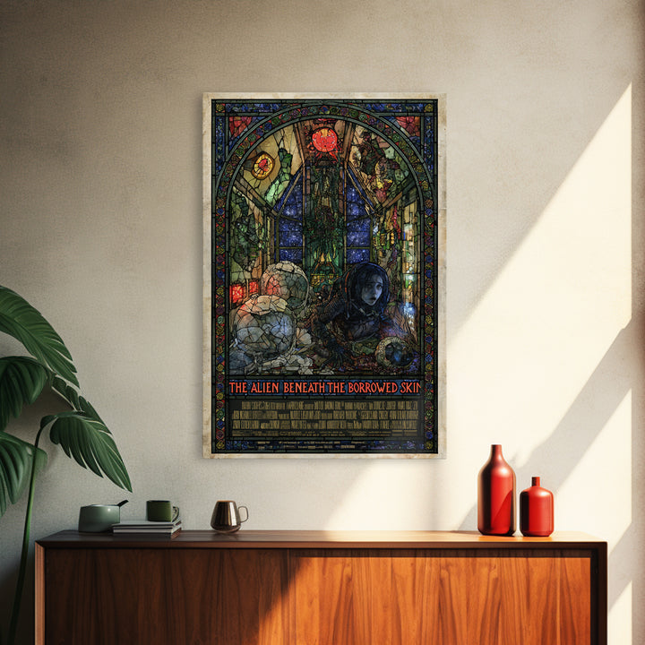 The Alien Beneath The Borrowed Skin, English Language Horror Movie Poster, Stained Glass Gothic Art, Gothic Cinema Wall Art
