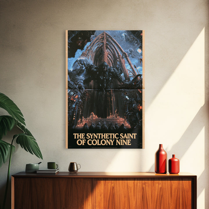 The Synthetic Saint Of Colony Nine, English Language Horror Movie Poster, 1980s Vhs Nightmare Cover Inspired Art, Classic Monster Poster