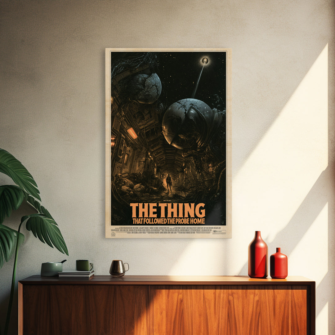 The Thing That Followed The Probe Home, English Language Horror Movie Poster, Gothic Engraving Art, Classic Monster Poster