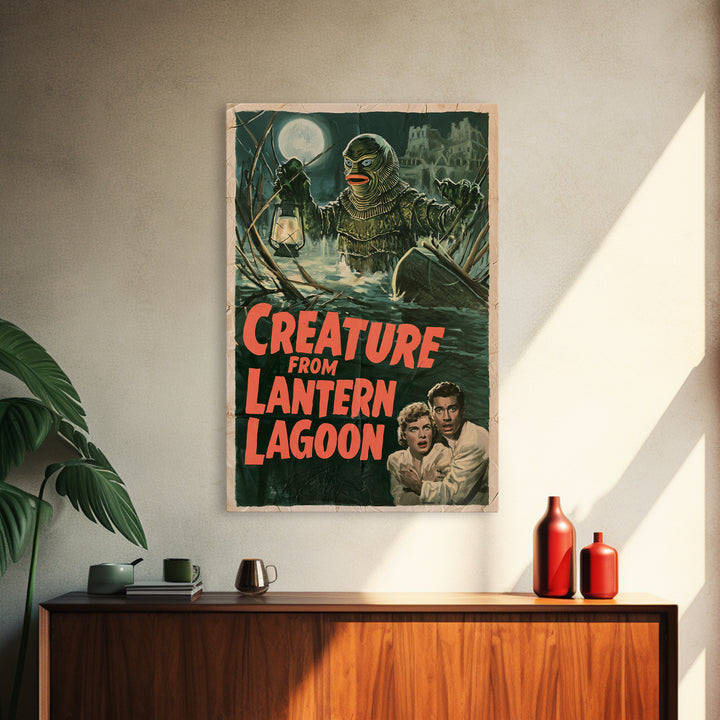 Creature From Lantern Lagoon, English Language Horror Movie Poster, 1950s Creature-Feature One-Sheet Inspired Art, Gothic Cinema Wall Art