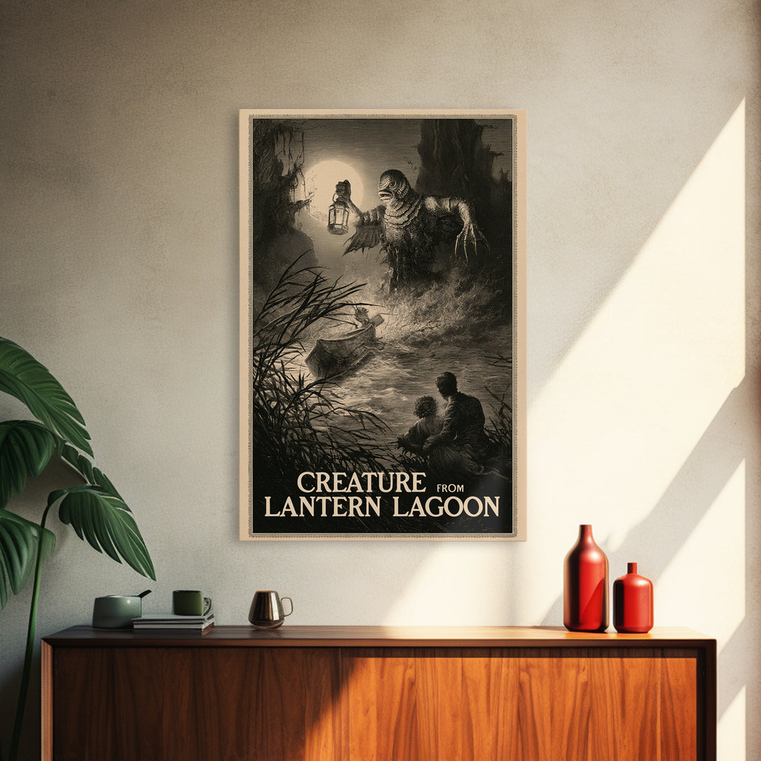 Creature From Lantern Lagoon, English Language Horror Movie Poster, Gothic Engraving Art, Gothic Cinema Wall Art, Framed Canvas Print
