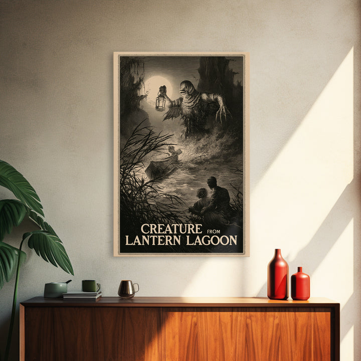 Creature From Lantern Lagoon, English Language Horror Movie Poster, Gothic Engraving Art, Gothic Cinema Wall Art, Framed Canvas Print
