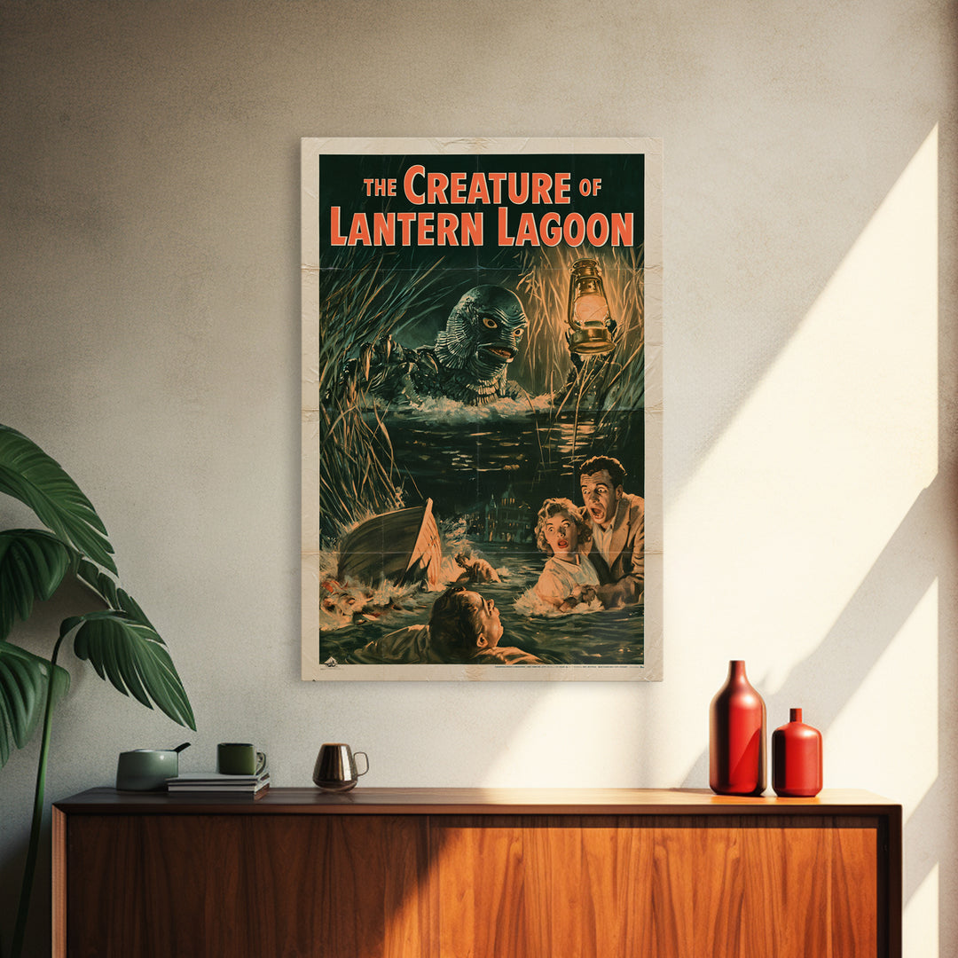 The Creature Of Lantern Lagoon, English Language Horror Movie Poster, 1950s Creature-Feature One-Sheet Inspired Art, Cult Horror Poster