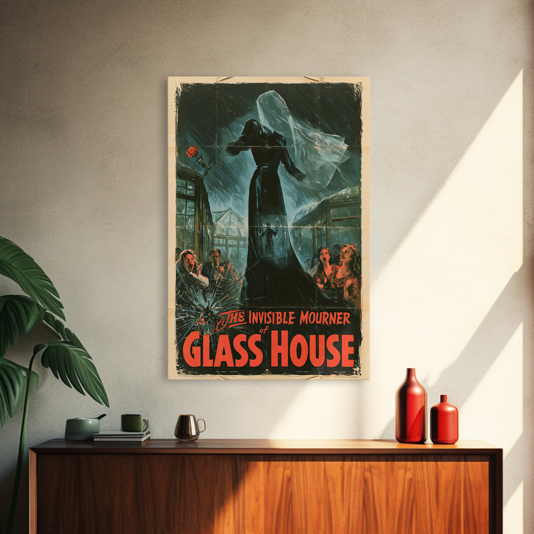 The Invisible Mourner Of Glass House, English Language Horror Movie Poster, 1940s Horror Art, Retro Horror Movie Art, Canvas Print