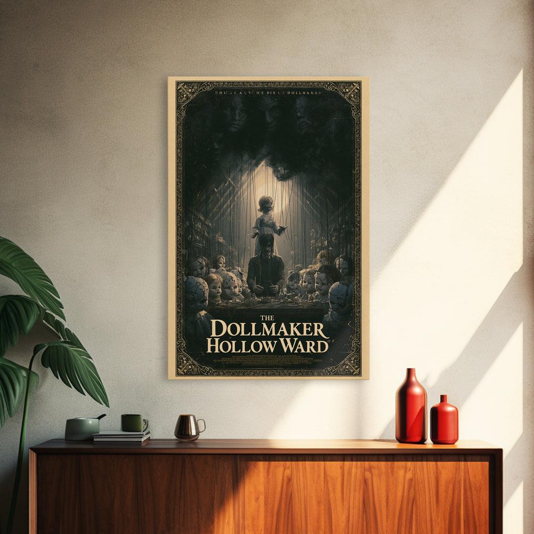 The Dollmaker Of Hollow Ward, English Language Horror Movie Poster, Dark Romantic Horror Art, Retro Horror Movie Art, Framed Canvas Print