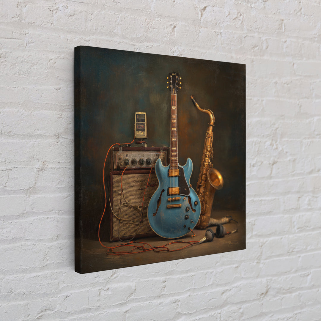 Electric Guitar Pedals and Cables Graphic Art Framed Canvas Print, Music Studio Art, Teen Room Decor, Studio Decor, Rhythm, MSA-1x1-21