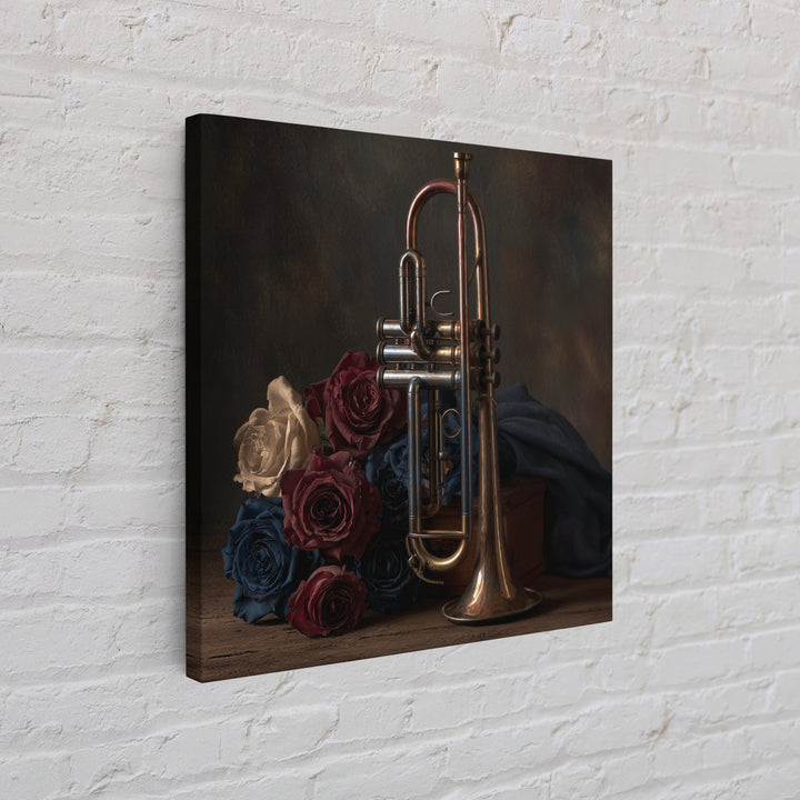 Trumpet and Roses Framed Canvas Print, Music Studio Art, Gallery Decor, Studio Decor, Fine Art, Rhythm, Contemporary Art, MSA-1x1-32