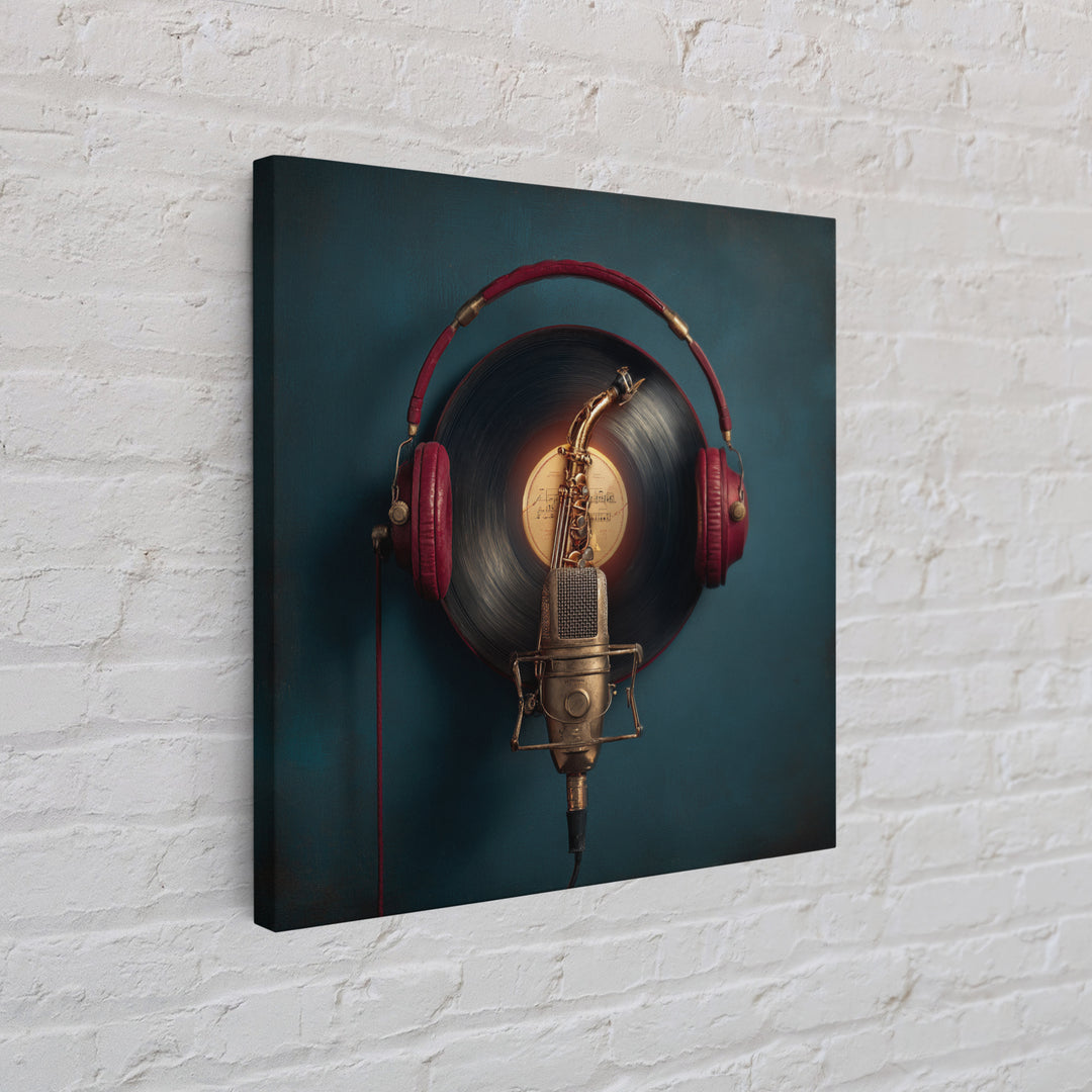Headphones Around a Glowing Record Canvas Print, Music Studio Art, Music Posters, Studio Decor, Fine Art, Rhythm, Music Lover, MSA-1x1-35