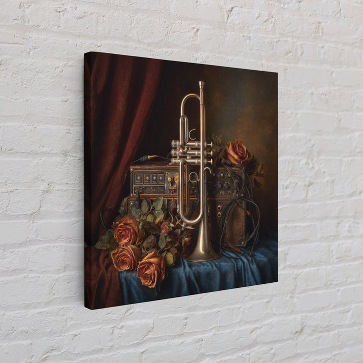 Trumpet and Roses Framed Canvas Print, Music Studio Art, Modern Wall Art, Studio Decor, Rhythm, Boho Art, Travel Wall Art, MSA-1x1-56