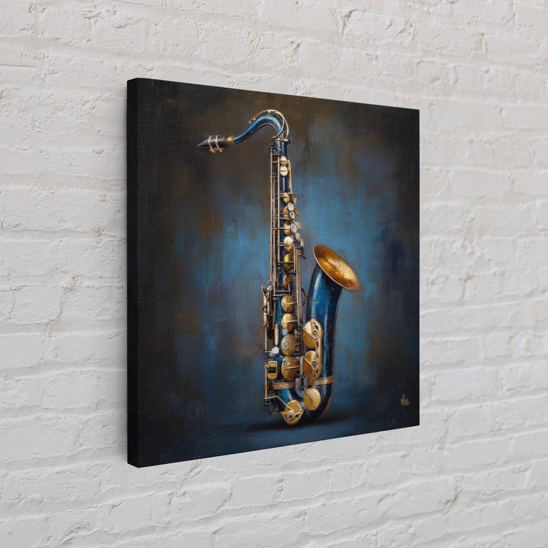 Jazz Saxophone with Smoky Blue Background Framed Canvas Print, Music Studio Art, Music Lover, Studio Decor, Fine Art, Rhythm, MSA-1x1-74