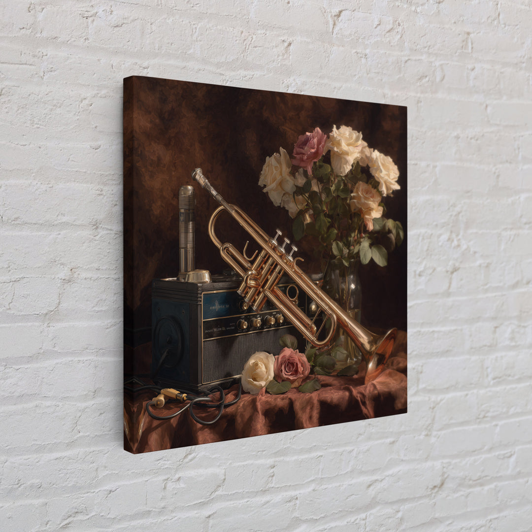 Trumpet and Roses Framed Canvas Print, Music Studio Art, Printable Art, Studio Decor, Rhythm, Music Art, Man Cave Decor, MSA-1x1-8