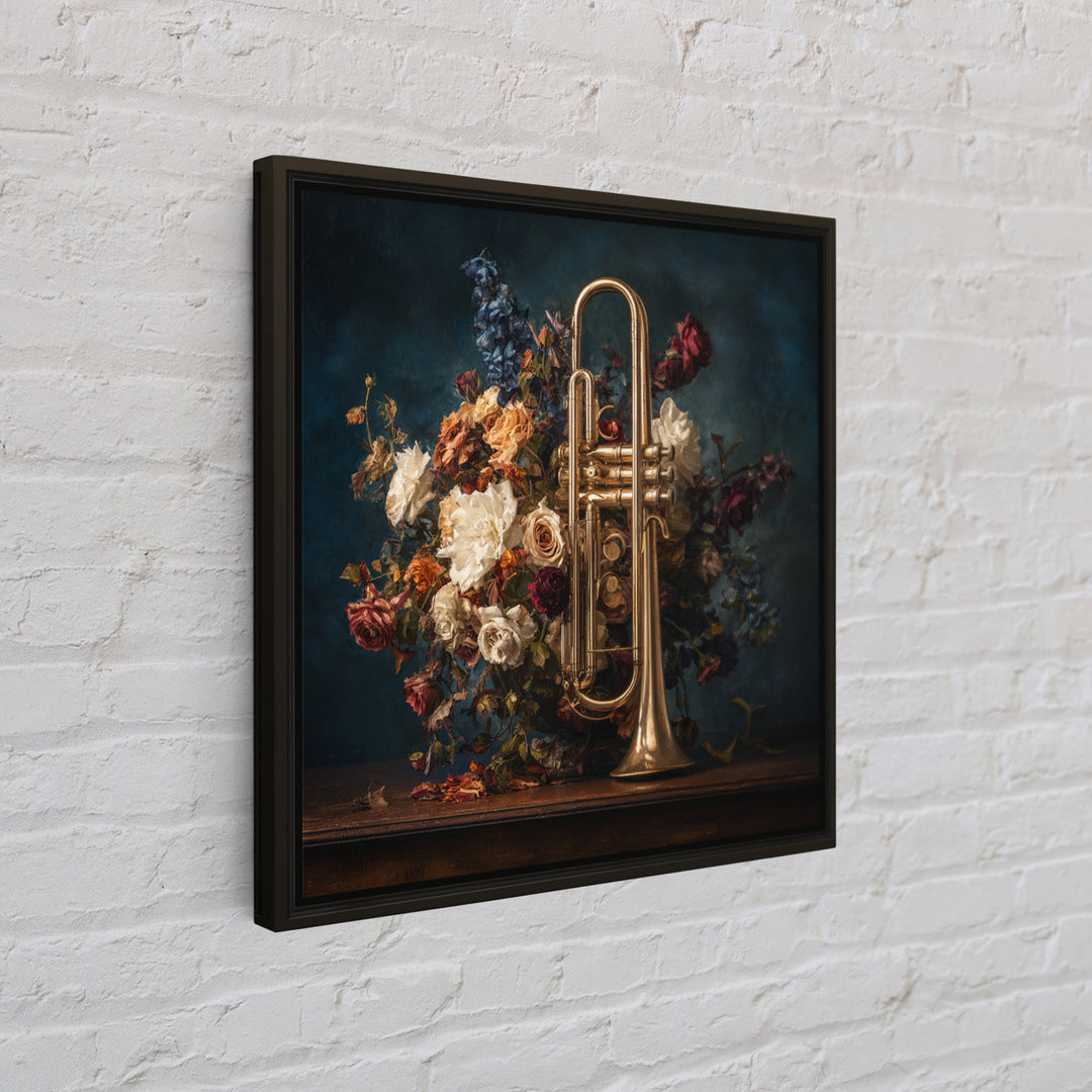 Trumpet and Roses Framed Canvas Print, Music Studio Art, Modern Decor, Studio Decor, Fine Art, Rhythm, Home Decor, Wall Decor, MSA-1x1-80
