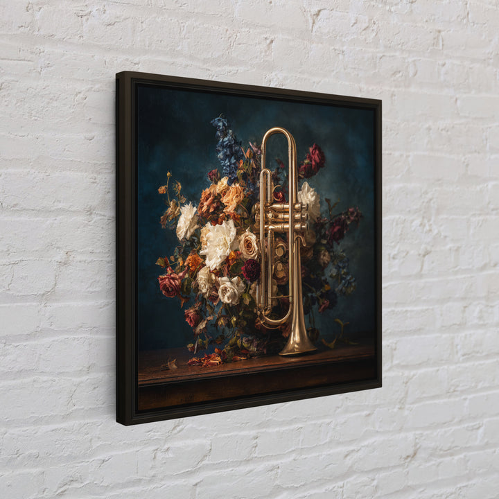 Trumpet and Roses Framed Canvas Print, Music Studio Art, Modern Decor, Studio Decor, Fine Art, Rhythm, Home Decor, Wall Decor, MSA-1x1-80