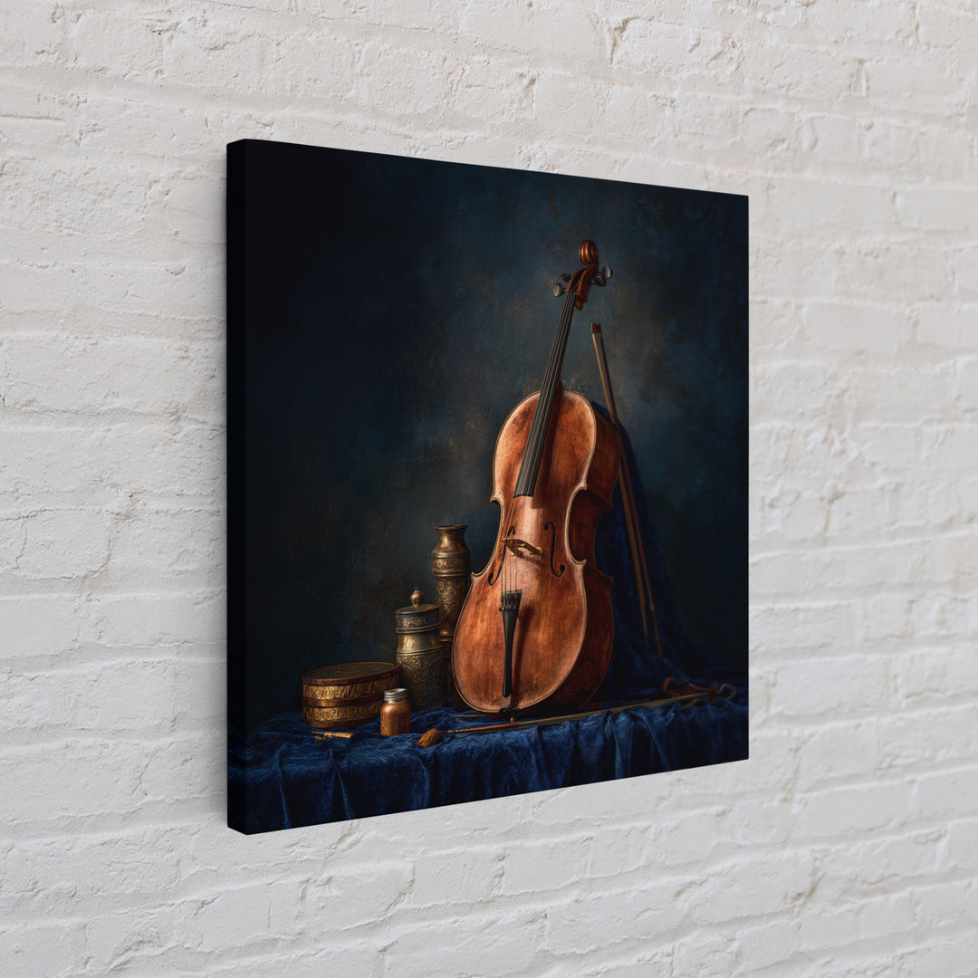 Cello Leaning Against Dark Velvet Backdrop Canvas Print, Music Studio Art, Textured Painting, Studio Decor, Fine Art, Rhythm, MSA-1x1-81