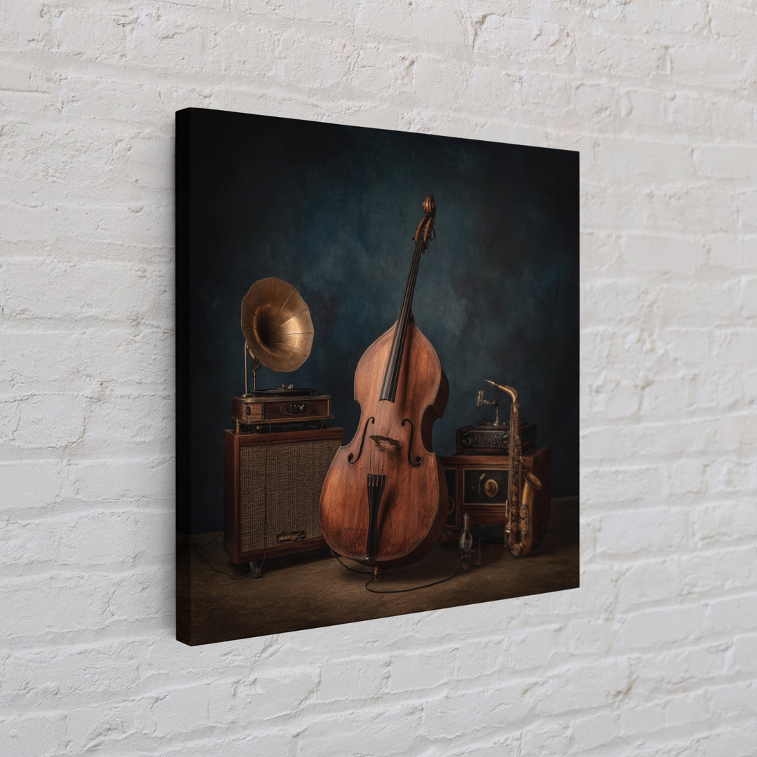 Cello Leaning Against Dark Velvet Backdrop Canvas Print, Music Studio Art, Gifts for Musicians, Studio Decor, Fine Art, Rhythm, MSA-1x1-9
