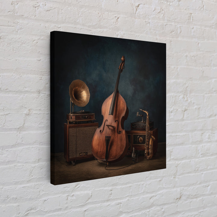 Cello Leaning Against Dark Velvet Backdrop Canvas Print, Music Studio Art, Gifts for Musicians, Studio Decor, Fine Art, Rhythm, MSA-1x1-9