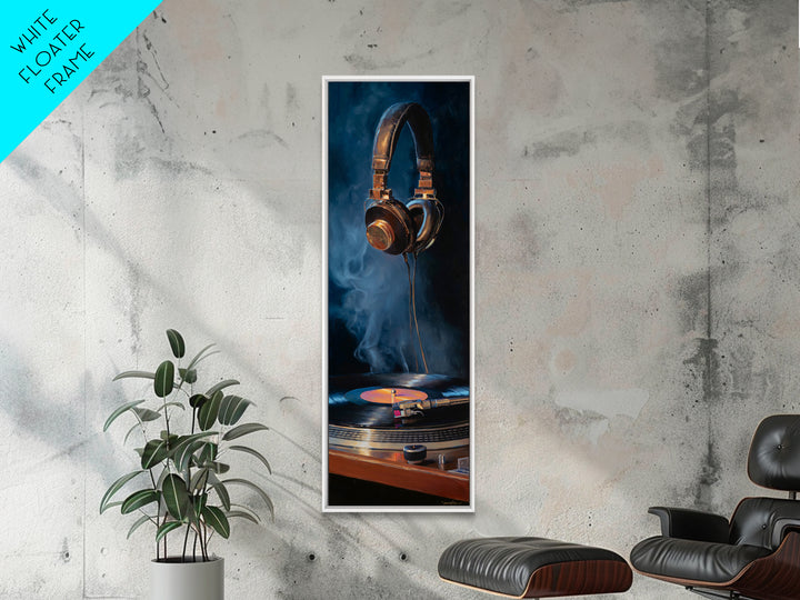 Headphones Around a Glowing Record Framed Canvas Print, Music Studio Art, Custom Painting, Studio Decor, Fine Art, Rhythm, MSA-1x3-47