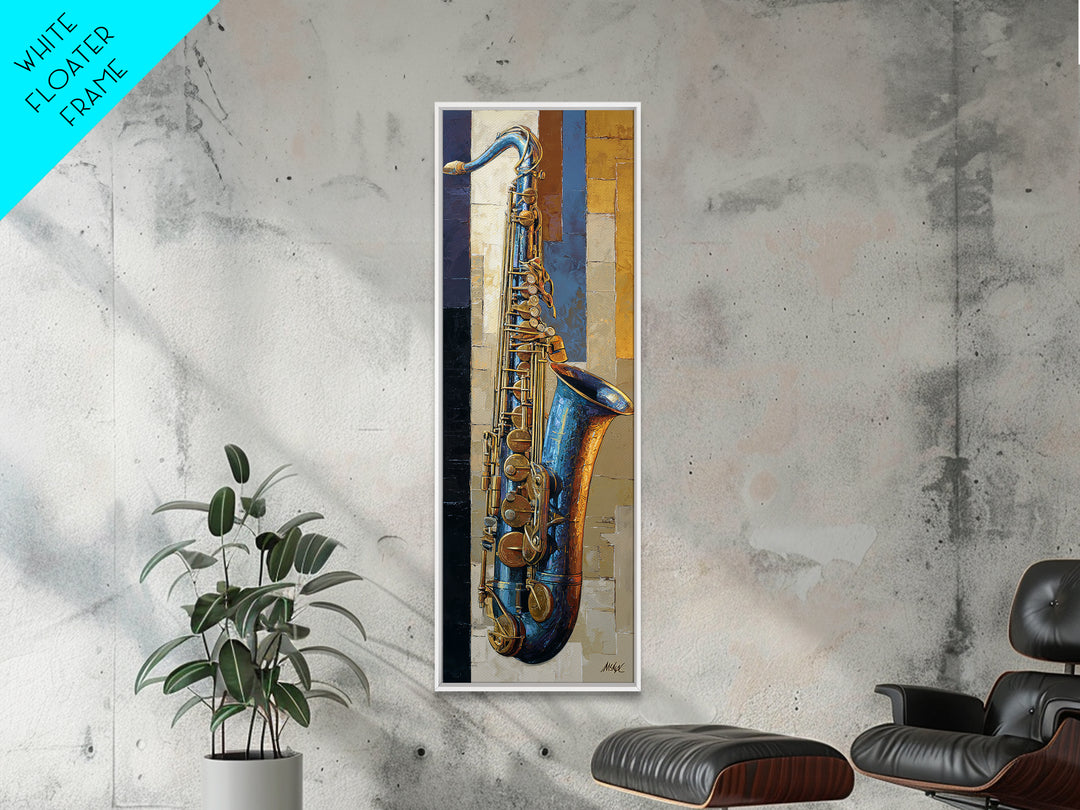 Jazz Saxophone with Smoky Blue Background Framed Canvas Print, Music Studio Art, Neutral Decor, Studio Decor, Fine Art, Rhythm, MSA-1x3-62