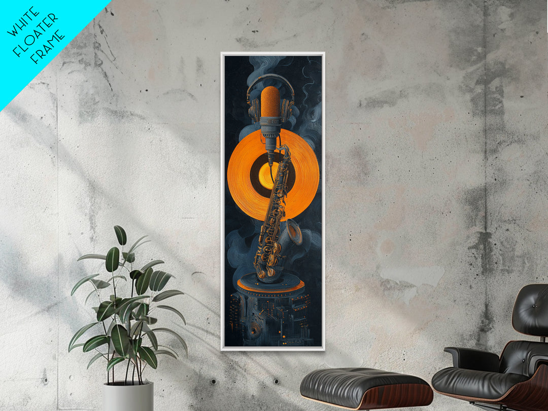 Headphones Around a Glowing Record Framed Canvas Print, Music Studio Art, Music Art, Studio Decor, Rhythm, Modern Decor, MSA-1x3-71