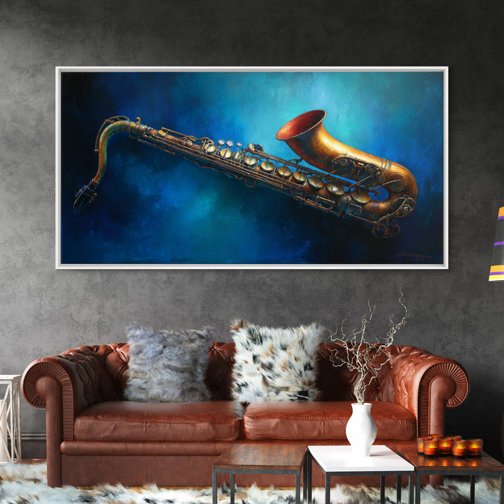 Jazz Saxophone with Smoky Blue Background Canvas Print, Music Studio Art, Boho Decor, Studio Decor, Fine Art, Rhythm, MSA-2x1-22