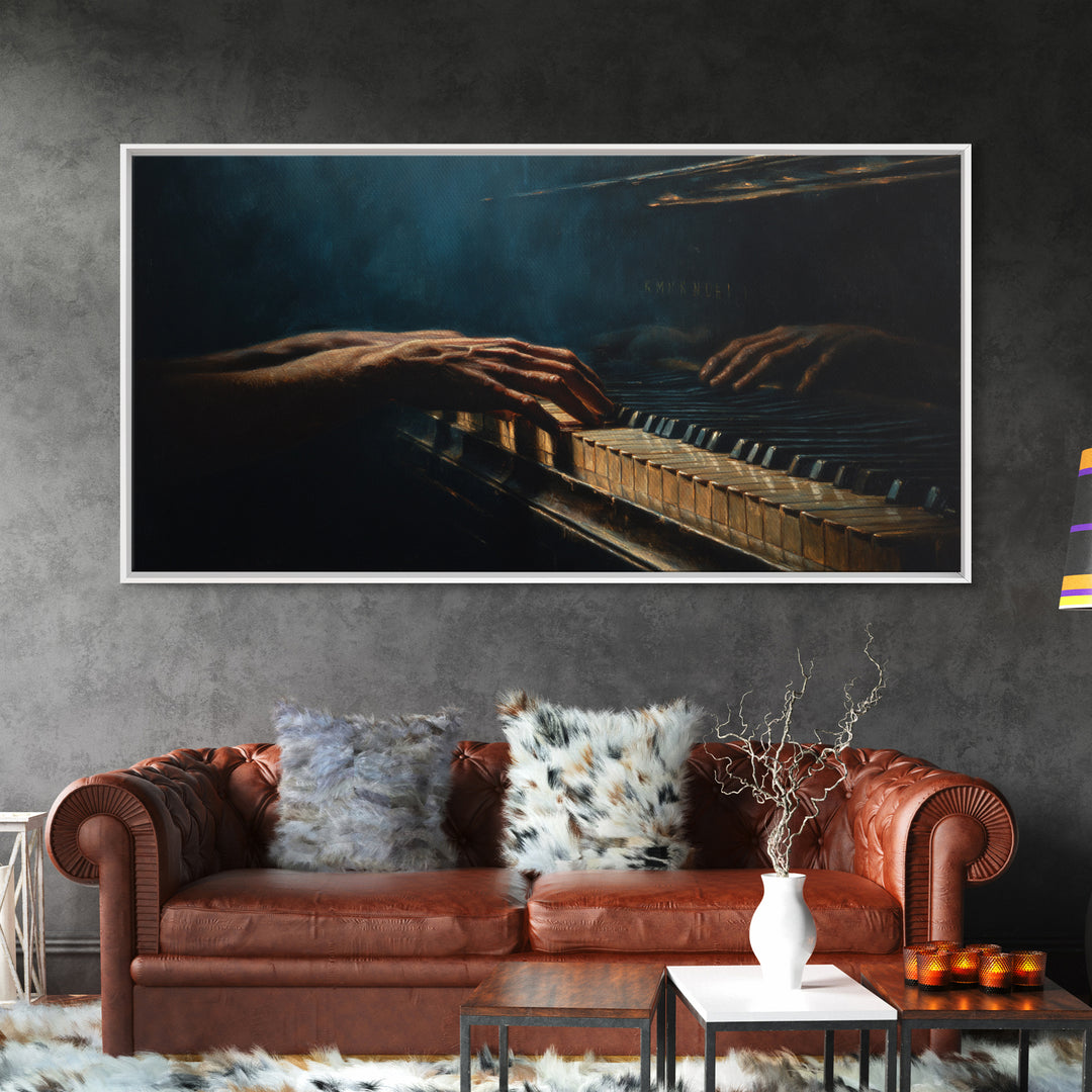 Piano Keys with Hands in Cinematic Shadow Framed Canvas Print, Music Studio Art, Home Decor, Studio Decor, Fine Art, Rhythm, MSA-2x1-25
