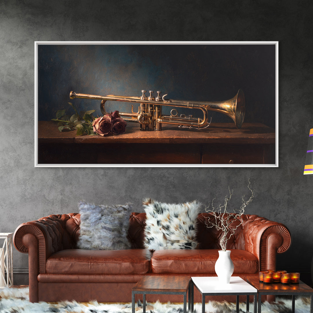 Trumpet and Roses Framed Canvas Print, Music Studio Art, Minimalist Decor, Studio Decor, Fine Art, Rhythm, Scripture Wall Art, MSA-2x1-28