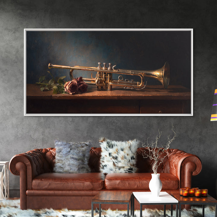 Trumpet and Roses Framed Canvas Print, Music Studio Art, Minimalist Decor, Studio Decor, Fine Art, Rhythm, Scripture Wall Art, MSA-2x1-28