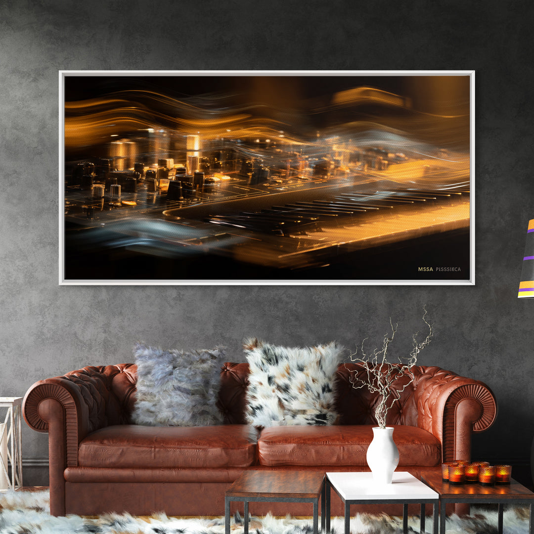 Synthesizer Knobs and Neon Reflections Framed Canvas Print, Music Studio Art, Luxury Decor, Studio Decor, Fine Art, Rhythm, MSA-2x1-30