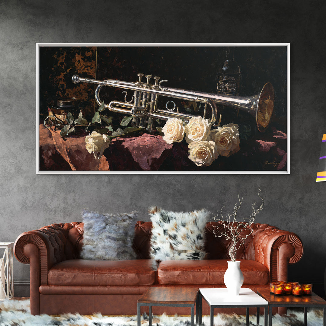 Trumpet and Roses Canvas Print, Music Studio Art, Printable Wall Art, Studio Decor, Fine Art, Rhythm, Painting from Photo, MSA-2x1-52