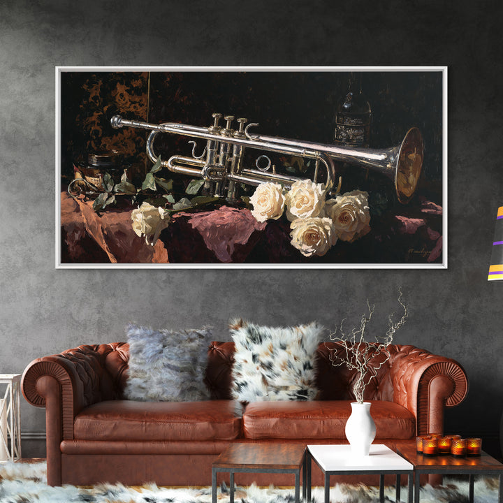 Trumpet and Roses Canvas Print, Music Studio Art, Printable Wall Art, Studio Decor, Fine Art, Rhythm, Painting from Photo, MSA-2x1-52