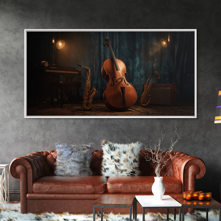 Cello Leaning Against Dark Velvet Backdrop Canvas Print, Music Studio Art, Printable Art, Studio Decor, Oil Painting, Rhythm, MSA-2x1-53
