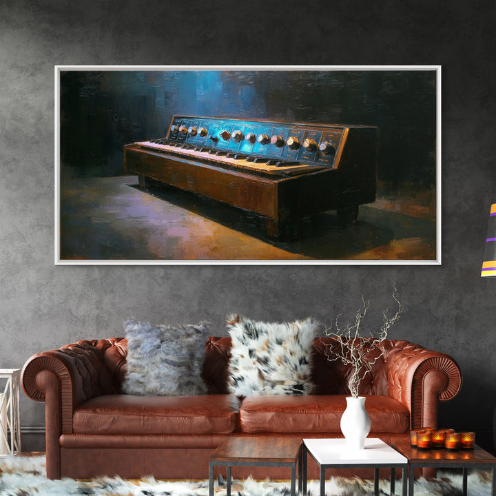 Synthesizer Knobs and Neon Reflections Framed Canvas Print, Music Studio Art, Luxury Decor, Studio Decor, Fine Art, Rhythm, MSA-2x1-6