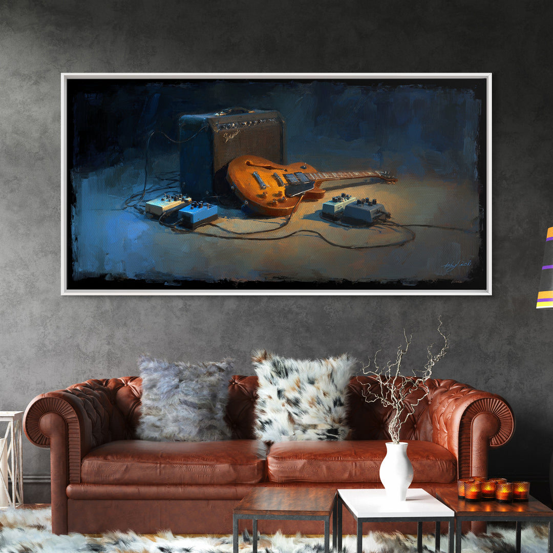 Electric Guitar Pedals and Cables Graphic Art Framed Canvas Print, Music Studio Art, Metal Wall Art, Studio Decor, Abstract Art, MSA-2x1-65