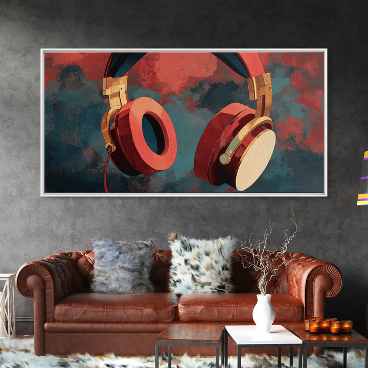 Headphones Around a Glowing Record Framed Canvas Print, Music Studio Art, Wall Decor, Studio Decor, Fine Art, Rhythm, MSA-2x1-7