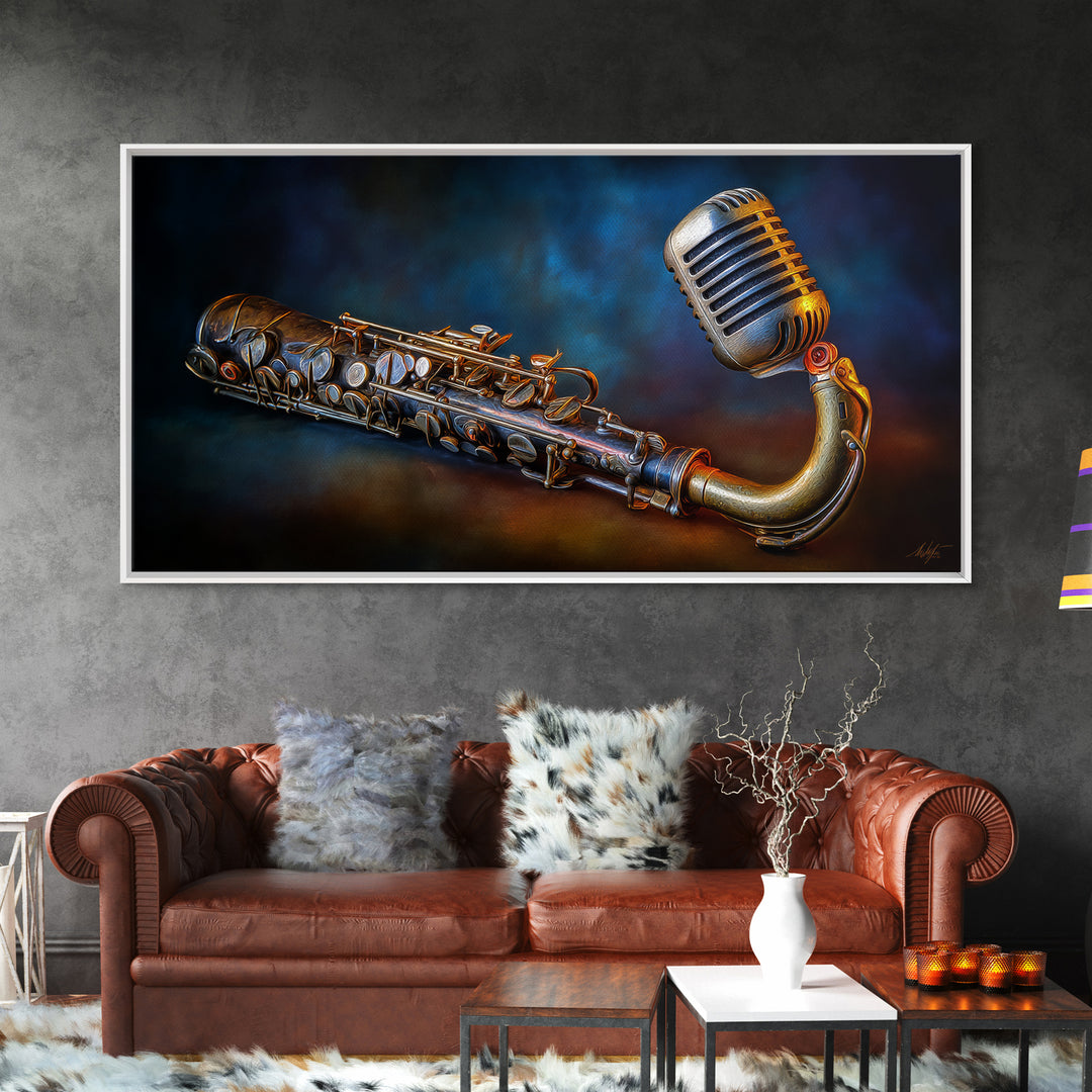 Microphone Portrait with Golden Spotlight Framed Canvas Print, Music Studio Art, Boho Decor, Studio Decor, Oil Painting, Rhythm, MSA-2x1-75